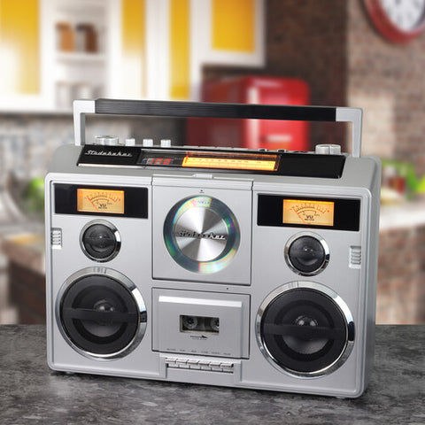 Studebaker SB2140S Sound Station Bluetooth Boombox CD/AM-FM Radio/Cassette Recorder (Silver)